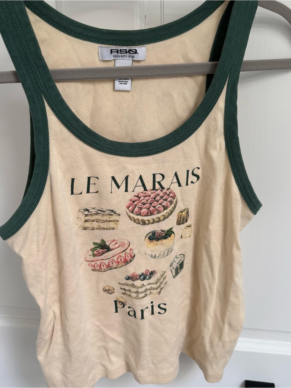 RSQ Cream Tank Top with Green Trim "Le Marais Paris" Pastry Print